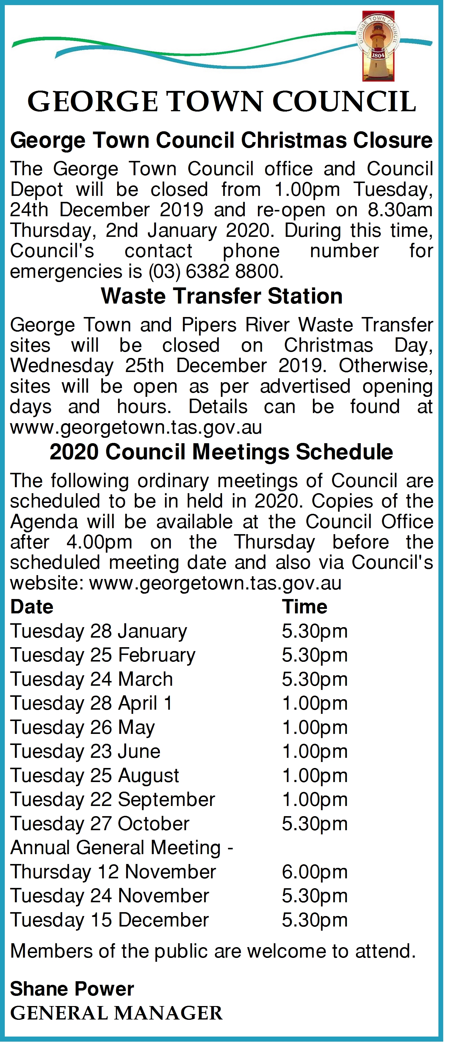 Council Meeting Schedule 2020
