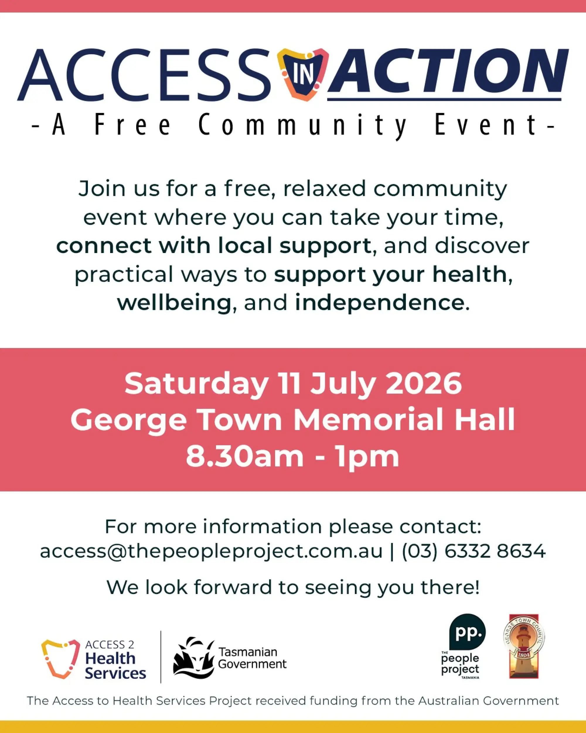 George Town Access In Action Free Community Event flyer 11 July 2026 0830am 1pm 4x5 Post
